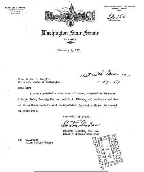 Sen. Ganders Letter to Gov. Langlie